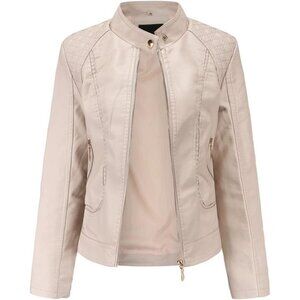 🆕Women Cream Trendy Faux Leather Jacket Moto Short Metal Zipper Fashion PU Coat